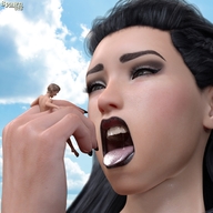 giantess vore black_hair long_hair handheld barefoot open_mouth naked_man manicure spawngts makeup digital_render