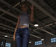 giantess blonde building clothed jeans navel standing runswithferrets freckles top looking_at_viewer digital_render