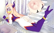 drawing giantess horns city blonde color long_hair butt buildings domination bondage onlookers exploration costume ripped_clothing gagged my_hero_academia mt._lady regedansal