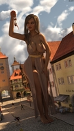 breasts nipples giantess long_hair destruction clothed handheld barefoot cleavage brunette street dress village running standing digital_render amgipi