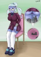 drawing white_hair upskirt large_breasts long_hair glasses butt_crush sitting blue_skin unaware shrunken_city dinobirdofdoom impending_doom