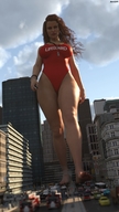 breasts giantess nude city mega long_hair swimsuit destruction barefoot cleavage buildings brunette street bus walking looking_down vehicles onlookers firetrucks lifeguard whistle digital_render amgipi