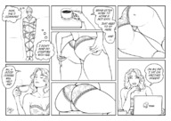 drawing panties blonde comic monochrome long_hair butt cleavage bra butt_crush domination story bondage sitting shrunken_man coffee laptop dialogue smushedboy lace