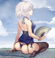 drawing giantess city mega color destruction blue_eyes butt_crush touhou sitting nylons grey_hair braid fan sakuya_izayoi opins0410