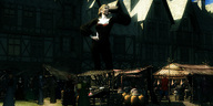 gentle blonde clothed dress mini_giantess village drinking onlookers market digital_render barrel middle_ages