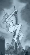 drawing giantess city blonde monochrome long_hair butt climbing sketch onlookers paris costume eiffel_tower kononiko my_hero_academia mt._lady