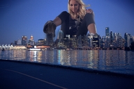 collage city mega blonde long_hair clothed buildings shoes domination sitting foot_crush jets pants top evening mrderpington underarmor_logo
