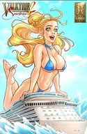 bikini drawing gentle giantess blonde comic color long_hair barefoot cleavage ocean green_eyes navel cruise_ship riding cover_page mountolympuscomics