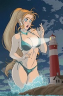 bikini drawing giantess blonde color long_hair blue_eyes cleavage ocean ponytail lighthouse standing night splashing mountolympuscomics