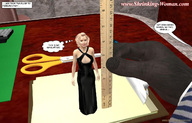 blonde clothed cleavage dress shrunken_woman standing size_comparison ilayhu ruler desk dialogue scissors clipboard digital_render thought_bubble