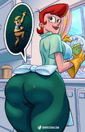 drawing color long_hair butt clothed glasses climbing red_hair kitchen unaware shrunken_man close_up pants indoors sink milf shirt looking_back earrings giantessfan zoom suds on_butt washing_dishes dexters_mom dexters_laboratory wolfgee cartoon_network