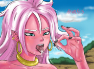 drawing giantess nude vore color tongue saliva anime dragon_ball goku kasumikills android_21 dragon_ball_fighterz