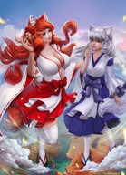 drawing giantess white_hair mega color large_breasts destruction cleavage fox_ears red_hair kimono giantesses shrine_maiden cysh_aizen tigr_sasha fox_tails