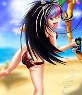 bikini drawing blonde black_hair color long_hair butt beach barefoot shrunken_woman looking_back panty_entrapment clinging kogochew ibuki