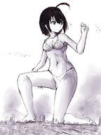 drawing giantess panties feet city mega monochrome black_hair destruction handheld bra kneeling foot_crush sketch hand_crush iodain