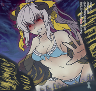 drawing giantess white_hair panties horns city color bra red_eyes smiling looking_down night reaching_hand embernaga