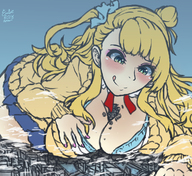 breasts drawing giantess blushing city mega blonde color destruction cleavage bra breast_crush lying_down looking_down ponytails nail_polish licking_lips squeezing embernaga galko