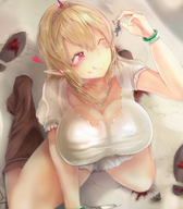 drawing giantess crush vore color cleavage red_eyes blood elf boots dangle between_fingers licking_lips imminent_vore uru alice-magic elf_princess_strikes_back
