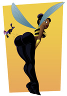 drawing wings black_hair color butt clothed pink_hair teen_titans boots shrunken_woman dark_skin costume looking_back bouncing dc_comics ravenravenraven bumblebee jinx_(teen_titans)