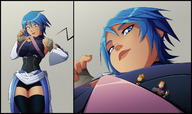 drawing comic color blue_eyes blue_hair shrunken_men trapped kingdom_hearts ravenravenraven between_breasts aqua_(kingdom_hearts) kingdom_hearts_birth_by_sleep ventus terra_(kingdom_hearts)