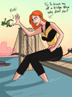 breasts drawing giantess city mega color large_breasts bridge cleavage water red_hair venom sitting pants ships top commission new_york_city dialogue flicking gwen_stacy mary_jane ultron symbiote spider-man marvel_comics green_goblin the_wasp caiman2 earth_20052 mrbigred sitting_on_bridge
