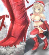drawing giantess blonde comic color destruction cleavage high_heels blood gloves boots foot_crush santa_costume running_away strolling alice-magic