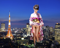 breasts giantess collage city mega black_hair pubic_hair buildings asian kimono standing tokyo night tokyo_tower looking_at_viewer