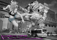breasts drawing giantess city mega blonde monochrome long_hair robot barefoot cleavage buildings street shorts fighting tattoo top zackman