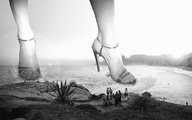 giantess collage feet monochrome beach ocean high_heels onlookers sunset