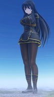city mega black_hair long_hair destruction clothed skirt asian foot_crush uniform looking_down standing digital_render