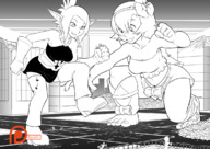breasts drawing giantess city mega monochrome destruction handheld barefoot rampage multiple_sizes foot_crush giantesses evangelyne wakfu amalia pointed_ears spokle flower_in_hair