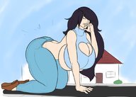 drawing giantess black_hair color long_hair clothed cleavage huge_breasts shoes crawling sketch pants houses aliessa bare_midriff