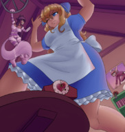 drawing giantess blonde color blue_eyes low_angle indoors bow alice_in_wonderland cheshire_cat hair_bow katawa_shoujo lilly_satou clock bare_legs emi_ibarazaki miki_miura