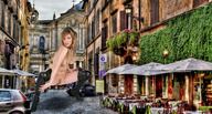 breasts nipples giantess collage nude pussy city blonde long_hair blue_eyes pubic_hair legs vehicles crouching hat looking_at_viewer restaurant high_heel_boots