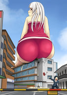drawing giantess white_hair color destruction buildings butt_crush sitting looking_back sitting_on_building fuyunohanaa fuyunohana