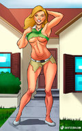 drawing growth blonde color long_hair cleavage navel muscles amazon shorts standing houses shirt giantessfan ripped_clothing