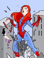 breasts drawing giantess mega black_hair color butt destruction rampage angry outgrowing_building gloves red_hair thighs costume lois_lane giant_girl belt leotard power_girl yelling inspector97 dc_comics roar mary_jane marvel_comics earth20052 ci0 fusion