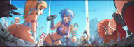 breasts drawing giantess karbo vore city alien blonde color butt destruction handheld rampage cleavage glasses butt_crush blue_hair train invasion gloves red_hair ponytail bus giantesses mass_vore