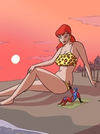 bikini drawing gentle giantess mega color long_hair swimsuit beach barefoot cleavage ocean giganta red_hair sitting costume sunset earrings atom leopard_print dc_comics beer_bottle chrlorez ryan_choi