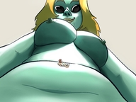 drawing giantess alien blonde color tongue saliva low_angle navel looking_down looking_at_tiny entrecoxas stuck_in_navel
