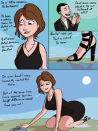 breasts drawing giantess giga city comic color large_breasts toes cleavage water ocean high_heels brunette moon dress kneeling disney necklace black_dress dialogue big_hero_6 caiman2 aunt_cass