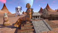 giantess mega alien blonde blue_eyes clothed sitting planets astronaut looking_away temple monument spacecraft spacesuit drcreep digital_render onlooker