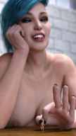 breasts nipples nude blue_hair domination running shrunken_man manicure flicking digital_render caddyisraddy