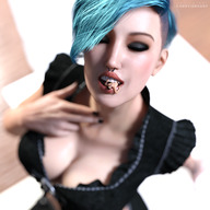 vore cleavage blue_hair dress sitting shrunken_man closed_eyes imminent_vore digital_render caddyisraddy