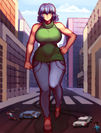 drawing giantess city color large_breasts buildings blue_hair vehicles running_away strolling gareit0