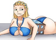 breasts drawing growth giantess blonde color large_breasts destruction cleavage buildings outgrowing_building embarrassed lying_down dinobirdofdoom fortnite highland_warrior stuck_in_building