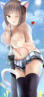 breasts drawing giantess tail city color buildings green_eyes breast_crush brunette nylons tower cat_girl thighs miniskirt the_idolmaster_cinderella_girls between_breasts alice-magic