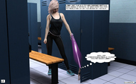 blonde underwear smiling story looking_down standing pants top locker_room shrink_gun digital_render thought_bubble narration aaabbbzzz