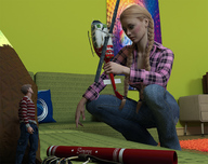 blonde long_hair clothed handheld cleavage high_heels helicopter unaware shrunken_man pants hiding runswithferrets braid apartment digital_render plaid_shirt bare_midriff 60s