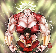 drawing growth blonde black_hair color large_breasts cleavage mini_giantess muscles amazon dragon_ball ripping_clothes veins super_saiyan kale berserker_super_saiyan r2roh